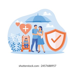 The family stands under the insurance umbrella. Get health and life insurance. Health Insurance concept. Flat vector illustration.