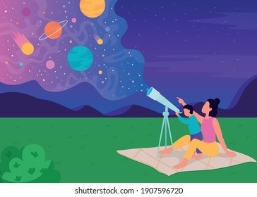 Family stargazing with telescope flat color vector illustration. Mother shows her children new planets in space 2D cartoon characters with beautiful night sky with stars on background