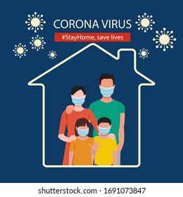 Family stay at home to avoid corona virus. Safety and awareness tips for covid-19. Flat style vector