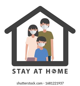 a family stay at home awareness social media campaign and covid-19 prevention: family wearing mask and staying together. quarantine motivational poster.