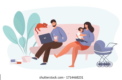Family Stay Home with Baby.Wife with Child Sitting on The Couch.Husband Working from Home On Laptop. Virus Covid-19.Stay Home on Quarantine During the Coronavirus Epidemic.Vector Illustration