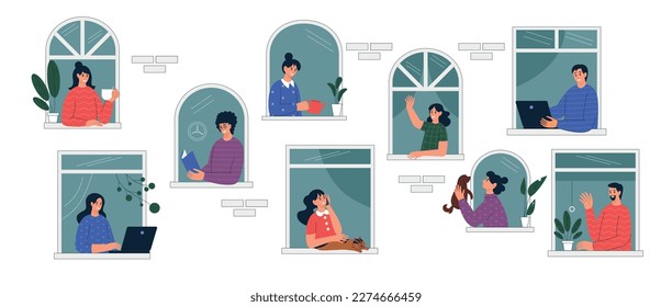 Family stay home. People social distancing. Urban neighbourhood. Apartments windows. Coronavirus lockdown. Safe in quarantine. Relax and freelance work. Vector tidy illustration concept