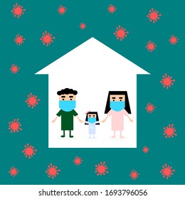 Family stay home to prevent the coronavirus. Virus protection concept. Vector illustration.