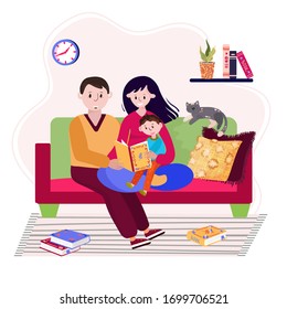 Family stay home and read book or fairytale son. Mother and Father is sitting on sofa with boy and reading. Parents and kid spend time together. Couple parenting child.