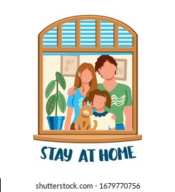 Family staying by the window together at home in self quarantine, protection from virus. Coronavirus prevention concept. Vector illustration drawing in flat style with text Stay at home