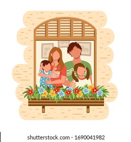 Family staying by the window together at home. People in self quarantine, protection from virus. Vector illustration drawing in flat style 