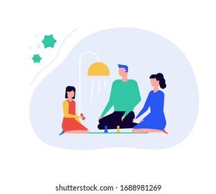 Family staying at home - flat design style illustration. Coronavirus protective measures, recommendation of self-isolation idea. Cartoon characters, parents with daughter playing board games together