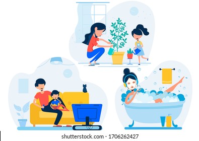 La familia se queda en casa en cuarentena y pasa tiempo juntos. Conjunto de ilustraciones de actividades domésticas para la familia. Ilustración de estilo plano vectorial