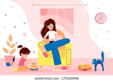 Family is staying at home on quarantine and spending time together. Woman is working from home remotely. Vector flat style illustration