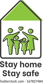 A family staying home safe during quarantine of coronavirus COVID 19. Stay home stay safe quarantine concept. Family logo