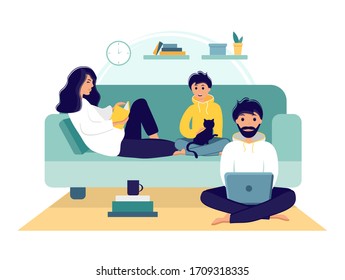 Family staying at home in self quarantine during the coronavirus epidemic. Mom is reading a book with her son, dad is working on a laptop.  Vector illustration in flat style