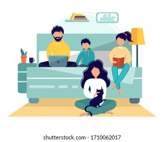 Family staying at home in self quarantine during the coronavirus epidemic. Mom plays with a cat, daughter reads a book, dad and son look at a laptop. Vector illustration in flat style