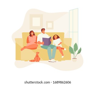 Family Staying At Home And Spending Time Together. Social Isolation And Stopping The Coronavirus. Vector Illustration