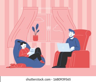 A family staying home working on a laptop and reading a textbook