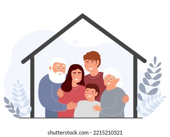 Family stays at home. Happy mother, father, son, grandfather, grandmother together. Concept of protection from the epidemic, poor conditions on the street, support for each other. Vector graphics.