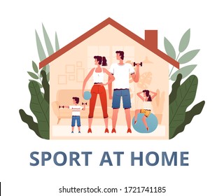 The family stays at home and plays sports. Parents and children live a healthy lifestyle and exercise together in quarantine