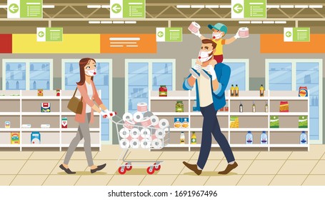 Family Stocks Groceries During a City Pandemic. Parents with their Son at Grocery Store Make Large Purchases Goods. Woman with Cart Full Groceries. Masked People Due to Spread Coronavirus