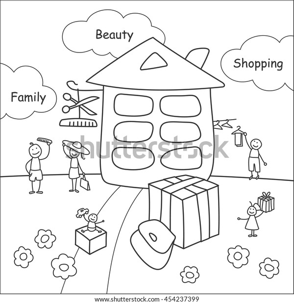 Family stories: beauty and shopping. Linear, black\
and white.