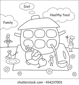 Family stories: diet and healthy food. Linear, black and white.