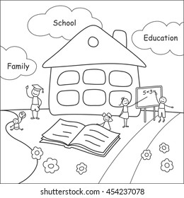 Family stories: school and education. Linear, black and white.