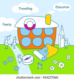 Family stories: travelling and education. Linear, colored.