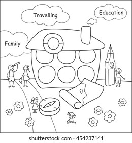 Family stories: travelling and education. Linear, black and white.