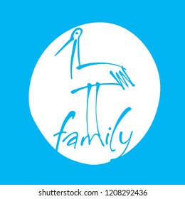 Family with stork. Logo template for maternity hospital, social organization, kindergarten, children's home, support center for parents with children. Vector illustration. 