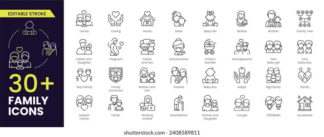 Family stroke icon collection. Containing parents, mother, father, children, baby, grandparents and household icons. Editable icon collection. Vector illustration. Stroke icon collection Outline icon