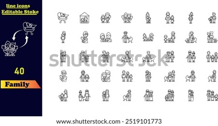 Family stroke icon set, featuring icons for parents, mother, father, children, babies, grandparents, and household elements. Editable icon collection.