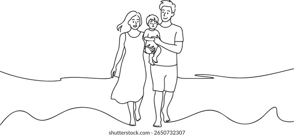 Uma família passeia um pai segurando um bebê enquanto caminha na praia com a mãe desfrutando de férias de verão