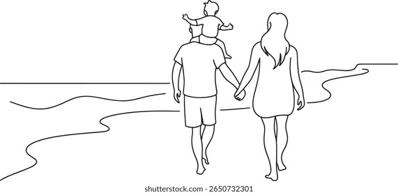 Family Stroll on the Beach A Father with Child on Shoulders and Mother Holding Hands