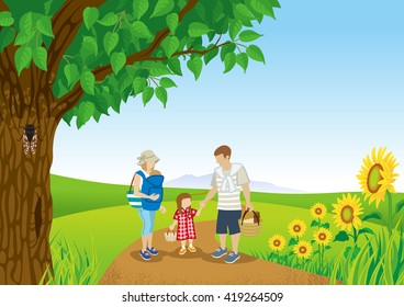 Family stroll in Summer nature