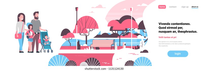 family stroller children walking city park trees wooden bench river landscape background copy space banner flat vector illustration