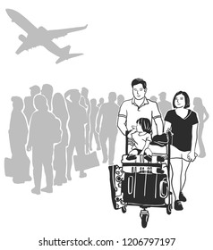 The family are strolling while their daughter are on to of their baggage's at the airport,