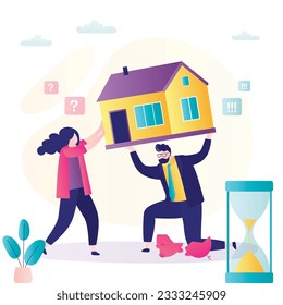 Family struggles to hold and lift the heavy load of real estate. Debt, mortgage concept. Couple with financial problems. High interest rates on loans and mortgages. Household bankruptcy. flat vector