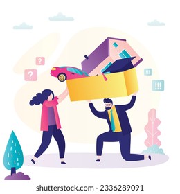 Family struggles to hold and lift the heavy load of loans. Debt, mortgage concept. Couple borrowers with financial problems. High interest rates on loans and mortgages. Household bankruptcy. vector