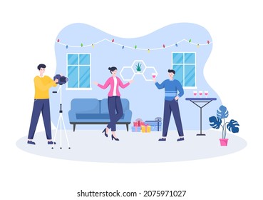 Family Studio Photo Flat Design. Photographer Shooting Model Father, Mother And Son Making Photoshoot Use Camera. Cartoon Style Vector Illustration