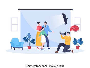 Family Studio Photo Flat Design. Photographer Shooting Model Father, Mother and Son Making Photoshoot use Camera. Cartoon Style Vector Illustration