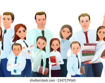 Family of Successful businessman. Cheerful persons in standing pose. Man and women with kids in business shirt tie. Cartoon comic style flat design. Separate character. Illustration Seamless Vector.