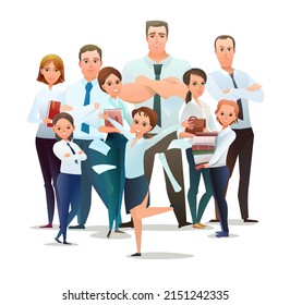 Family of Successful businessman. Cheerful persons in standing pose. Ma and women with kids in business shirt tie. Cartoon comic style flat design. Separate character. Illustration isolated. Vector.