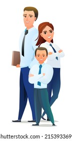 Family of Successful businessman. Cheerful persons in standing pose. Man women and child son in business shirt tie. Cartoon comic style flat design. Separate character. Illustration isolated. Vector.