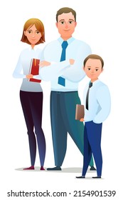 Family Of Successful Businessman. Cheerful Persons In Standing Pose. Man Women And Child Son In Business Shirt Tie. Cartoon Comic Style Flat Design. Separate Character. Illustration Isolated. Vector.