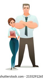 Family of Successful businessman. Cheerful persons in standing pose. Man and women in business shirt and tie. Cartoon comic style flat design. Illustration isolated on white background. Vector.