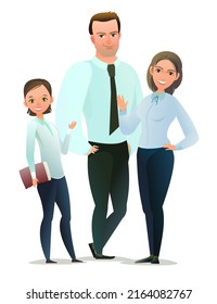 Family of Successful businessman. Cheerful persons in standing pose. Man women and child daughter business shirt tie. Cartoon comic style design. Separate character. Illustration isolated Vector.