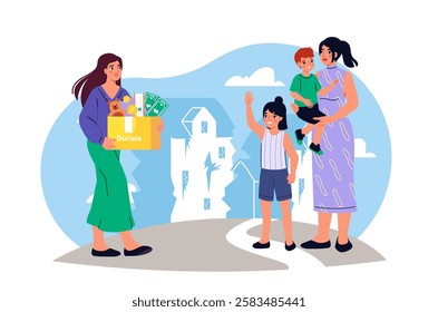 Family suffer from house destruction. Woman with children near destroyed building. Accident and natural disaster, catastrophe. Collapse and collision. Flat vector illustration