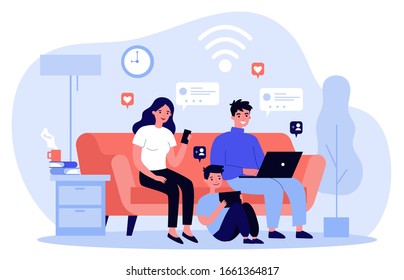 Family suffering from social media addiction. Parent and child sitting together at home and using digital devices. Vector illustration for problem, communication, internet concept