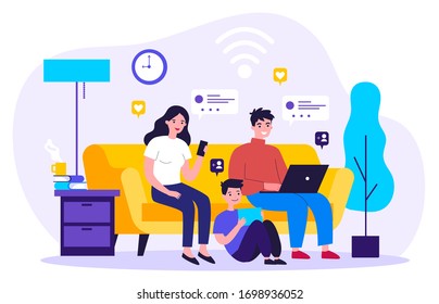 Familia que sufre de adicción a los medios sociales. Padre e hijo sentados juntos en casa y usando dispositivos digitales. Ilustración vectorial para problemas, comunicación, concepto de Internet