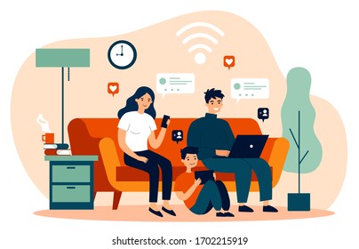 Family Suffering From Social Media Addiction. Parent And Child Sitting Together At Home And Using Digital Devices. Vector Illustration For Problem, Communication, Internet Concept