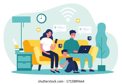 Family Suffering From Social Media Addiction. Parent And Child Sitting Together At Home And Using Digital Devices. Vector Illustration For Problem, Communication, Internet Concept