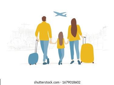 Family with suitcases in the airport. Mother, father and daughter. Plane on Cityscape background. Vector illustration